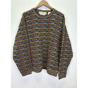 Vintage Jhane Barnes Men's Sweater Size XL Brown Blue Black Tan Geometric Knit